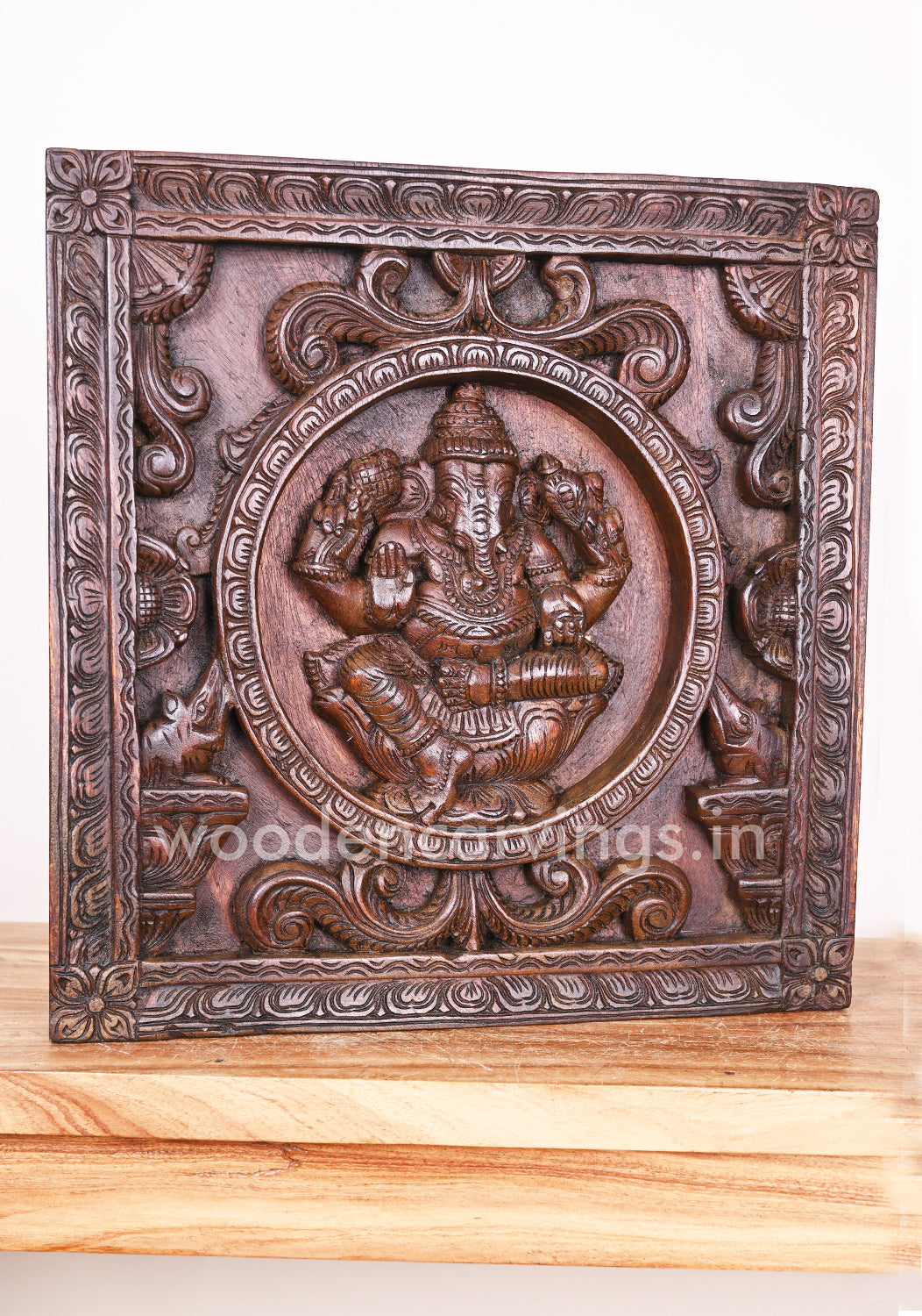 Square Shape Round Floral Design Handmade Ganesha on Lotus Wooden Wax Brown Wall Mount 18"