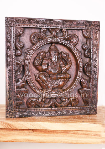 Square Shape Round Floral Design Handmade Ganesha on Lotus Wooden Wax Brown Wall Mount 18"