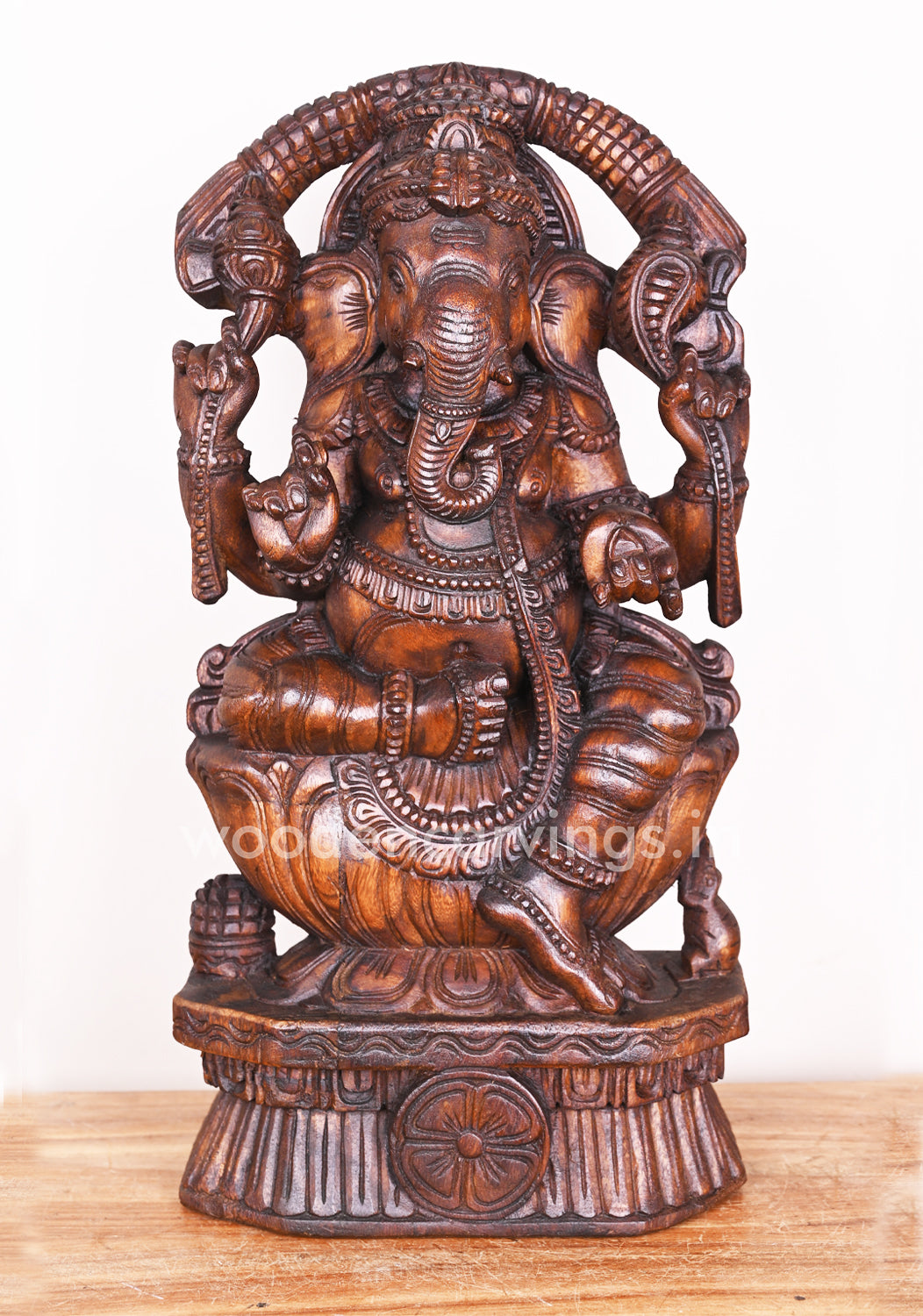 Arch Garland Ganesha on Petal Lotus With His Vahana Mouse Showpiece Wax Brown Sculpture 24"