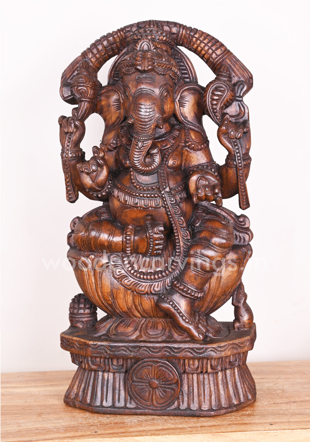 Arch Garland Ganesha on Petal Lotus With His Vahana Mouse Showpiece Wax Brown Sculpture 24"