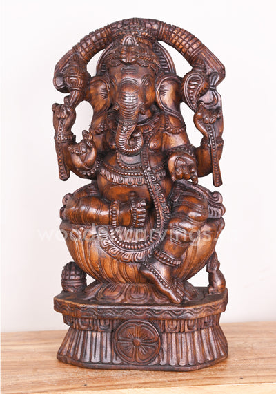 Arch Garland Ganesha on Petal Lotus With His Vahana Mouse Showpiece Wax Brown Sculpture 24"