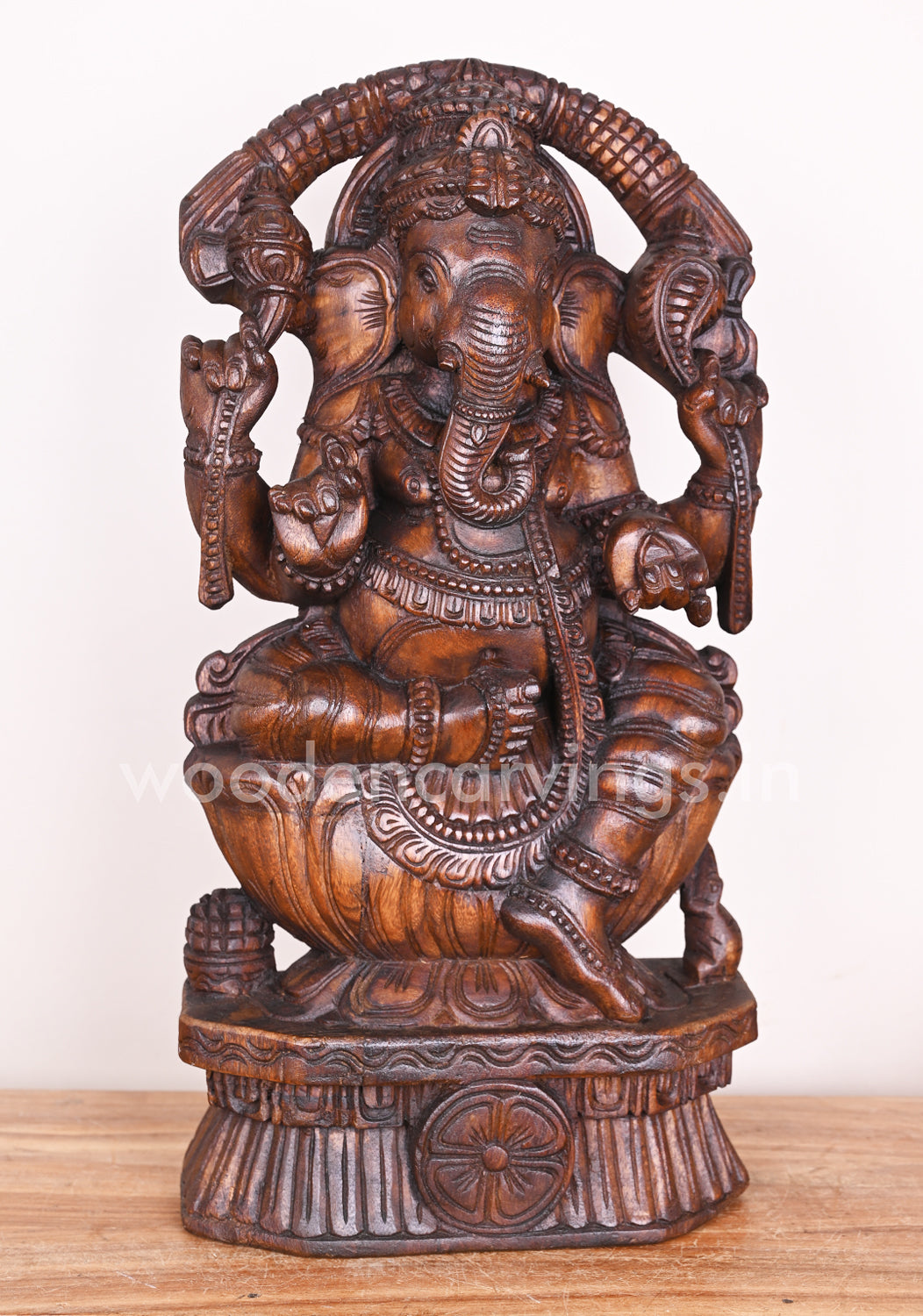 Arch Garland Ganesha on Petal Lotus With His Vahana Mouse Showpiece Wax Brown Sculpture 24"