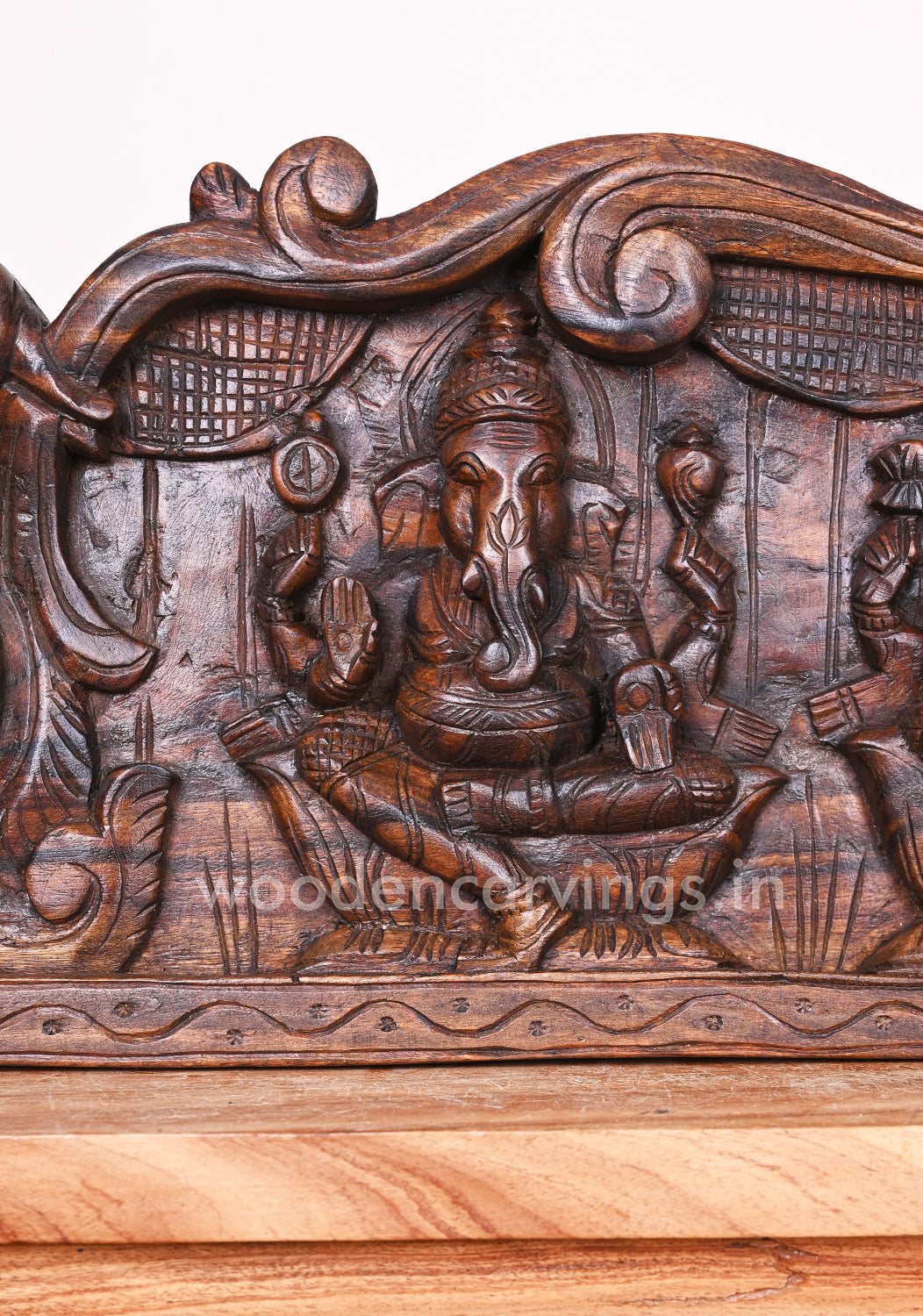 Hamsa Design Lord Ganesh, Goddess Lakshmi, Goddess Saraswathi Horizontal Wax Brown Wooden Panel 48"