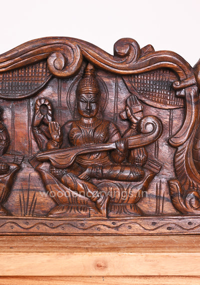 Hamsa Design Lord Ganesh, Goddess Lakshmi, Goddess Saraswathi Horizontal Wax Brown Wooden Panel 48"