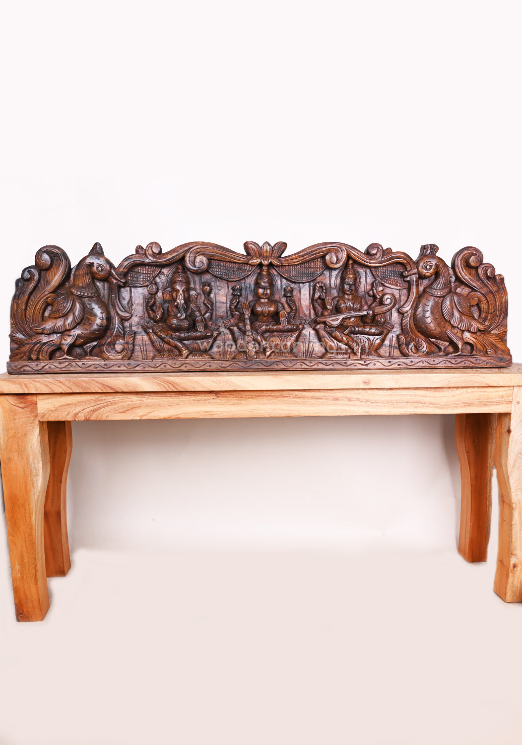 Hamsa Design Lord Ganesh, Goddess Lakshmi, Goddess Saraswathi Horizontal Wax Brown Wooden Panel 48"