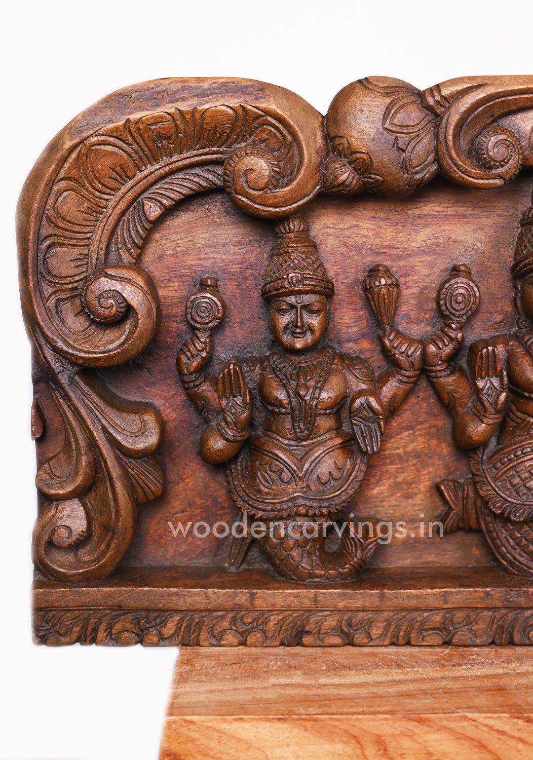 Lotus Mahavishnu Dasavatar Floral Design Horizontal Wax Brown Hooks Fixed Handmade Wall Panel 57"