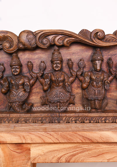 Lotus Mahavishnu Dasavatar Floral Design Horizontal Wax Brown Hooks Fixed Handmade Wall Panel 57"