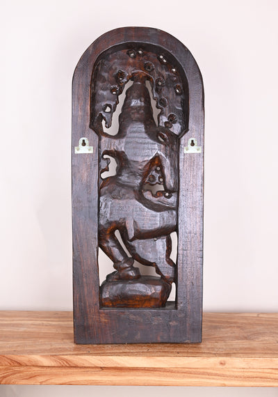 Lord Krishna Dancing on Snake Demon Kalinga Blessing Wooden Polished Jali Work Wall Mount 36"