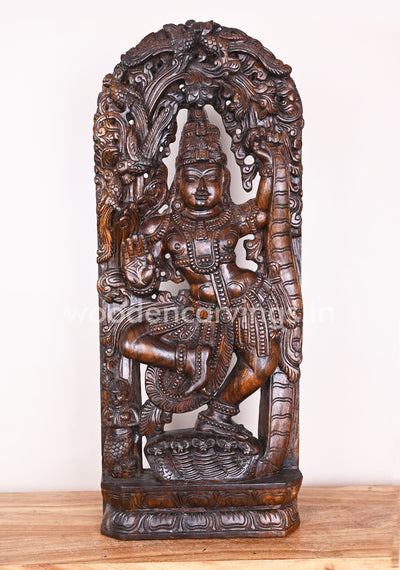 Lord Krishna Dancing on Snake Demon Kalinga Blessing Wooden Polished Jali Work Wall Mount 36"