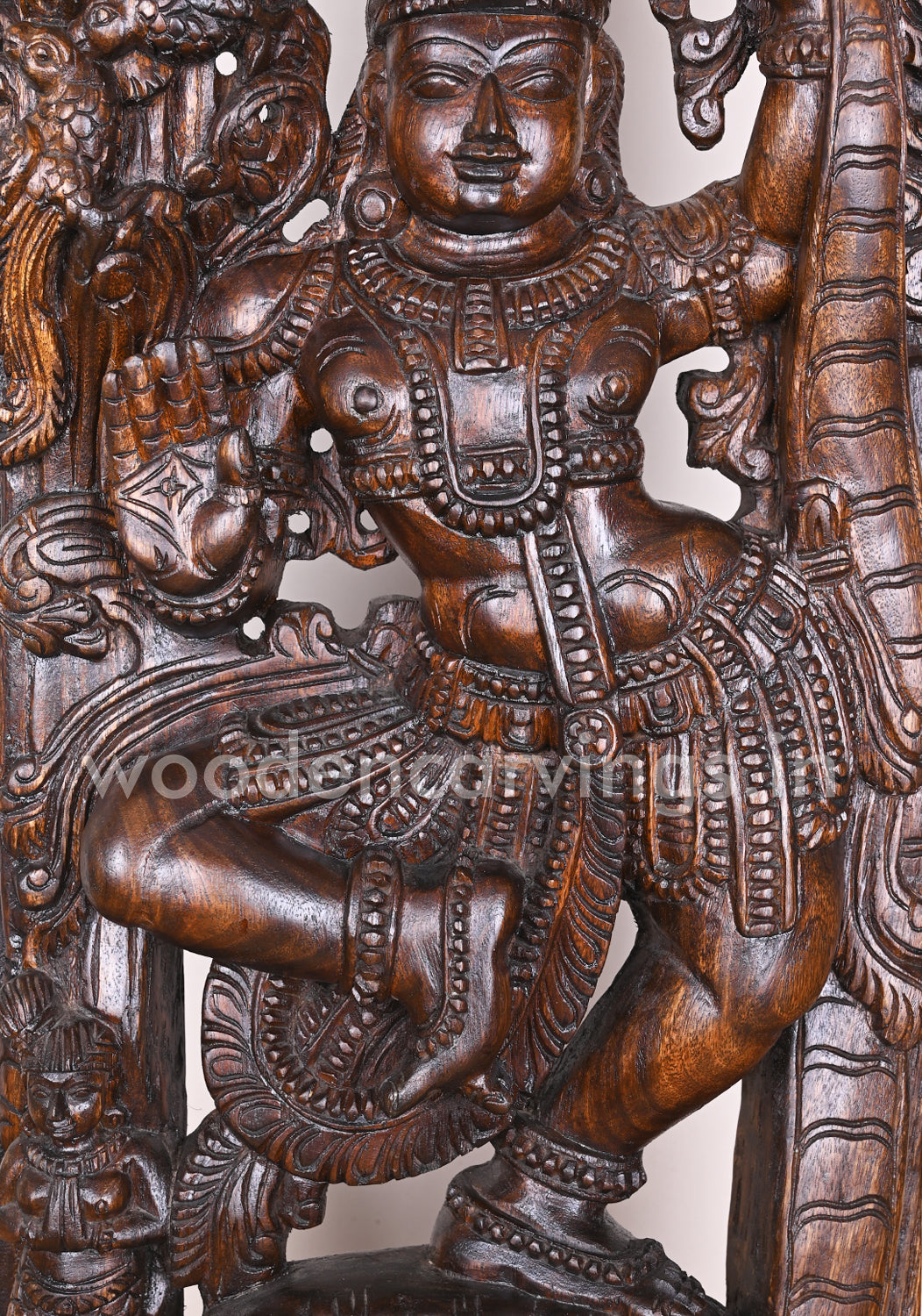 Lord Krishna Dancing on Snake Demon Kalinga Blessing Wooden Polished Jali Work Wall Mount 36"