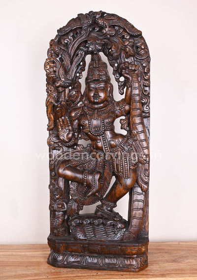 Lord Krishna Dancing on Snake Demon Kalinga Blessing Wooden Polished Jali Work Wall Mount 36"