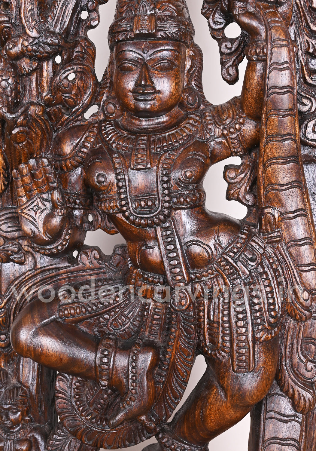 Lord Krishna Dancing on Snake Demon Kalinga Blessing Wooden Polished Jali Work Wall Mount 36"