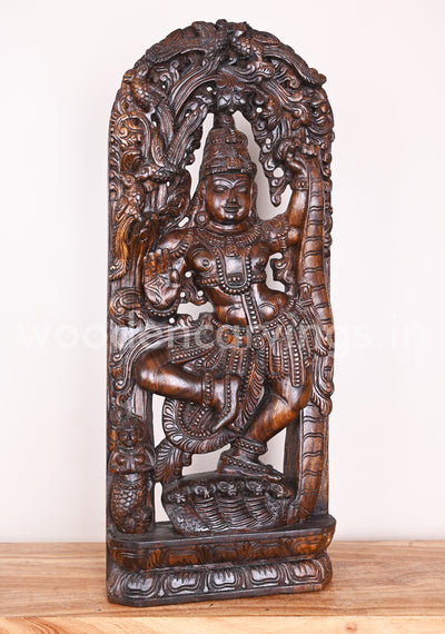 Lord Krishna Dancing on Snake Demon Kalinga Blessing Wooden Polished Jali Work Wall Mount 36"