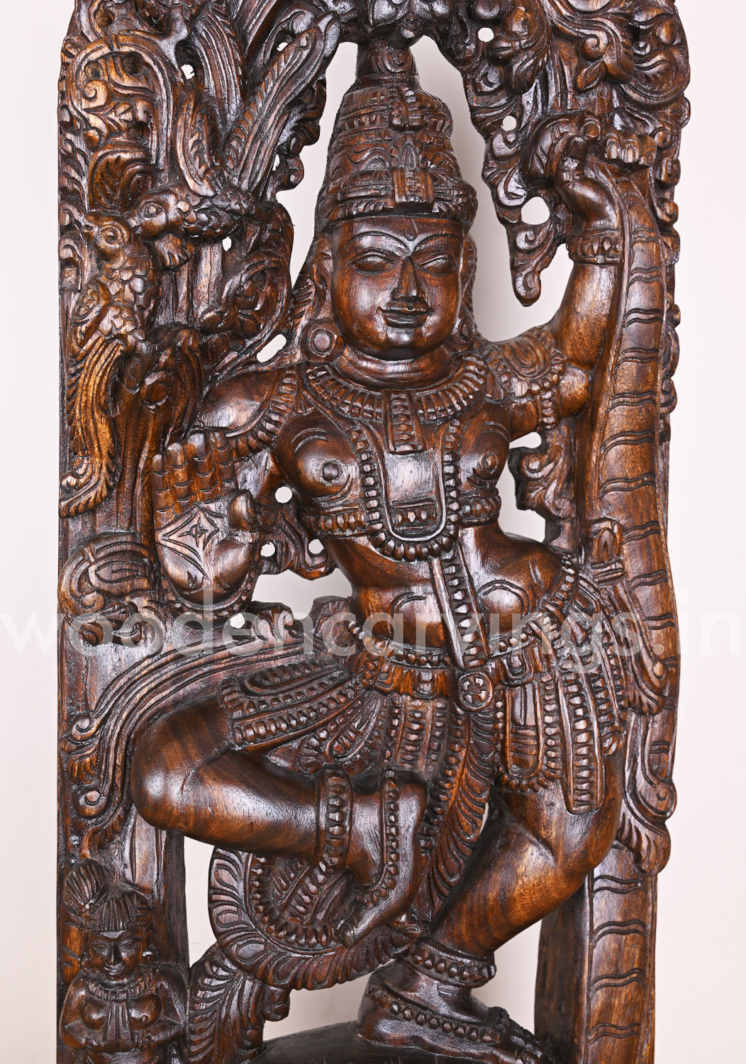 Lord Krishna Dancing on Snake Demon Kalinga Blessing Wooden Polished Jali Work Wall Mount 36"