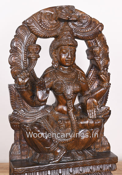 Arch Blessing MahaLakshmi on Lotus Blessing Wooden Polished Showpiece Polished Sculpture 19"