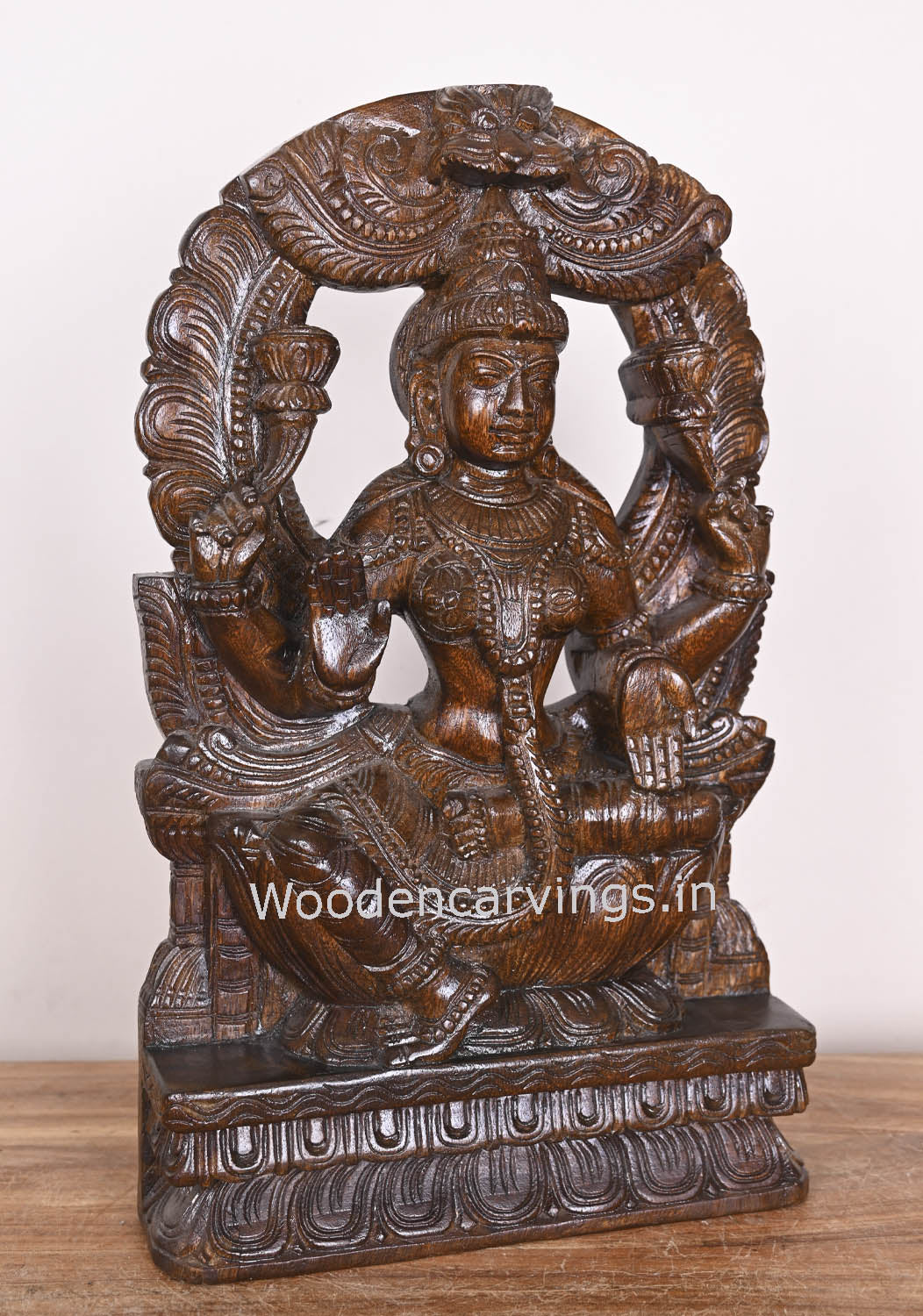 Arch Blessing MahaLakshmi on Lotus Blessing Wooden Polished Showpiece Polished Sculpture 19"