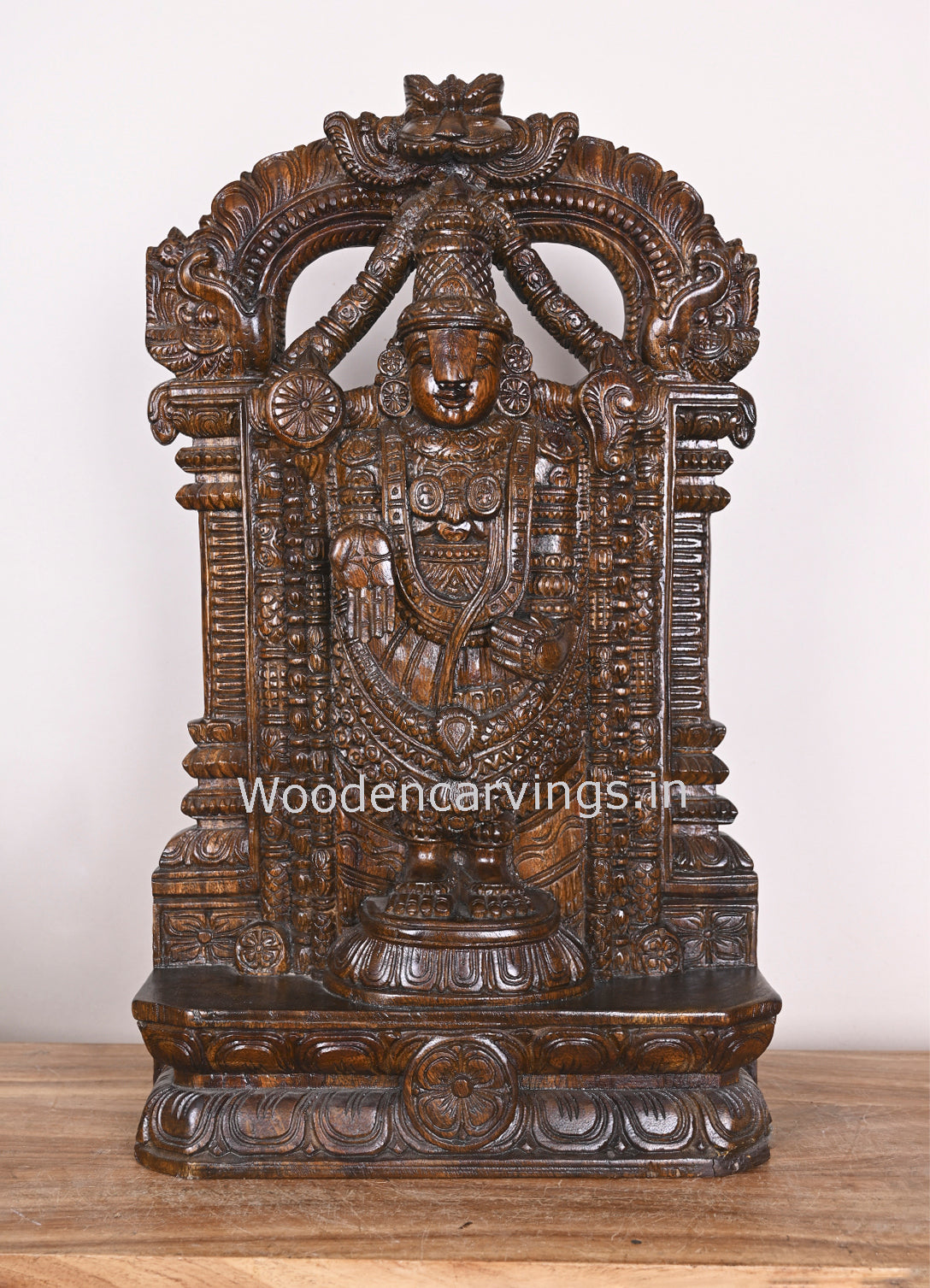 Vaagai Wood Lord Balaji Standing on Base Arch Polished Wooden Handamde Showpiece Sculpture 25"