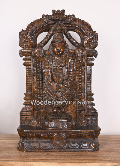 Vaagai Wood Lord Balaji Standing on Base Arch Polished Wooden Handamde Showpiece Sculpture 25"