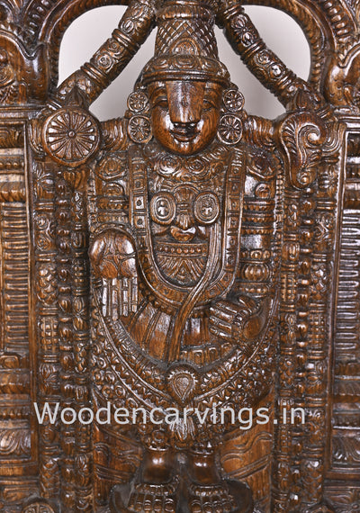 Vaagai Wood Lord Balaji Standing on Base Arch Polished Wooden Handamde Showpiece Sculpture 25"