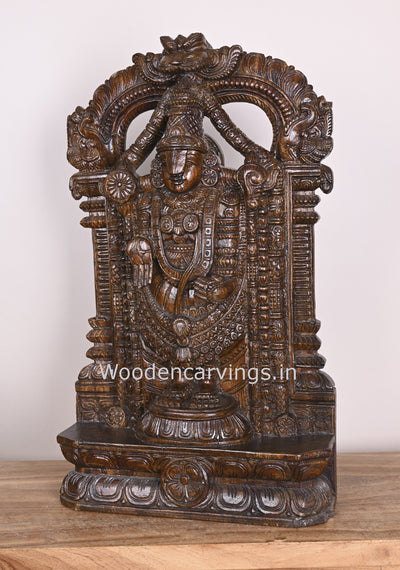 Vaagai Wood Lord Balaji Standing on Base Arch Polished Wooden Handamde Showpiece Sculpture 25"