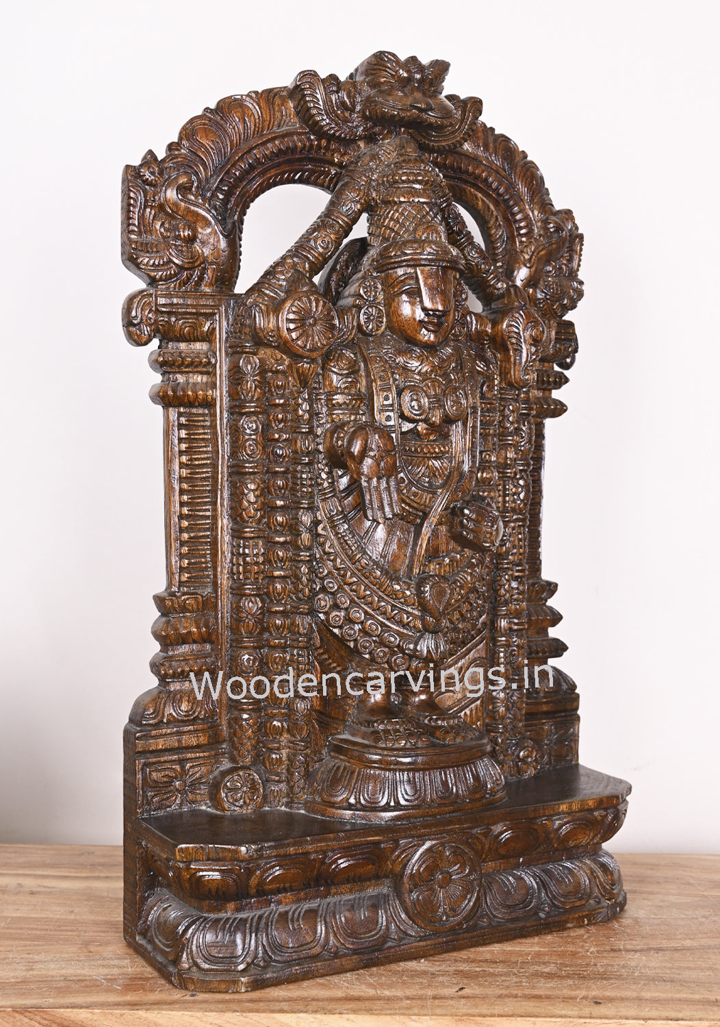 Vaagai Wood Lord Balaji Standing on Base Arch Polished Wooden Handamde Showpiece Sculpture 25"
