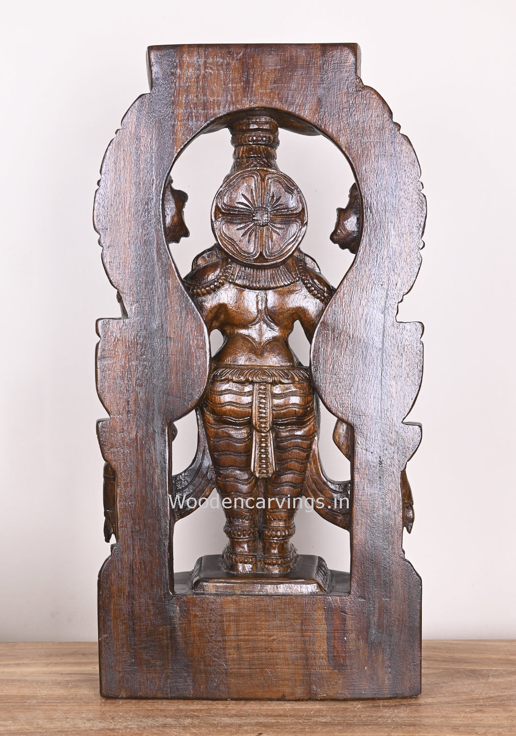 Wooden Arch Maha Vishnu Holding Ayuthas For Evils Polished Standing Handmade Sculpture 24"