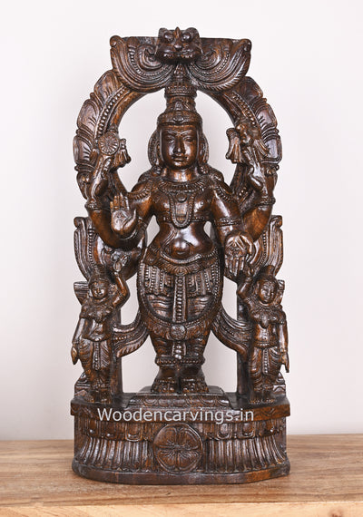 Wooden Arch Maha Vishnu Holding Ayuthas For Evils Polished Standing Handmade Sculpture 24"