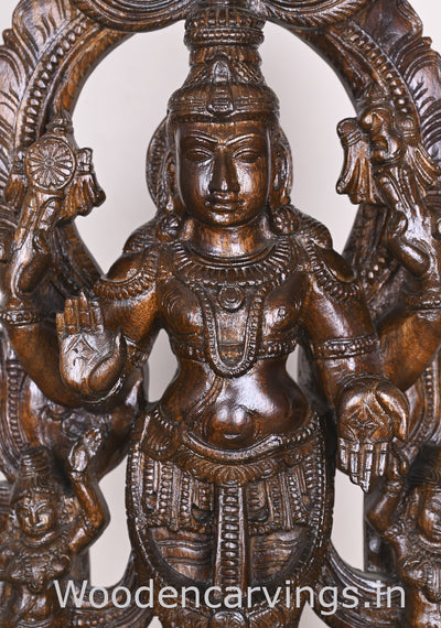 Wooden Arch Maha Vishnu Holding Ayuthas For Evils Polished Standing Handmade Sculpture 24"