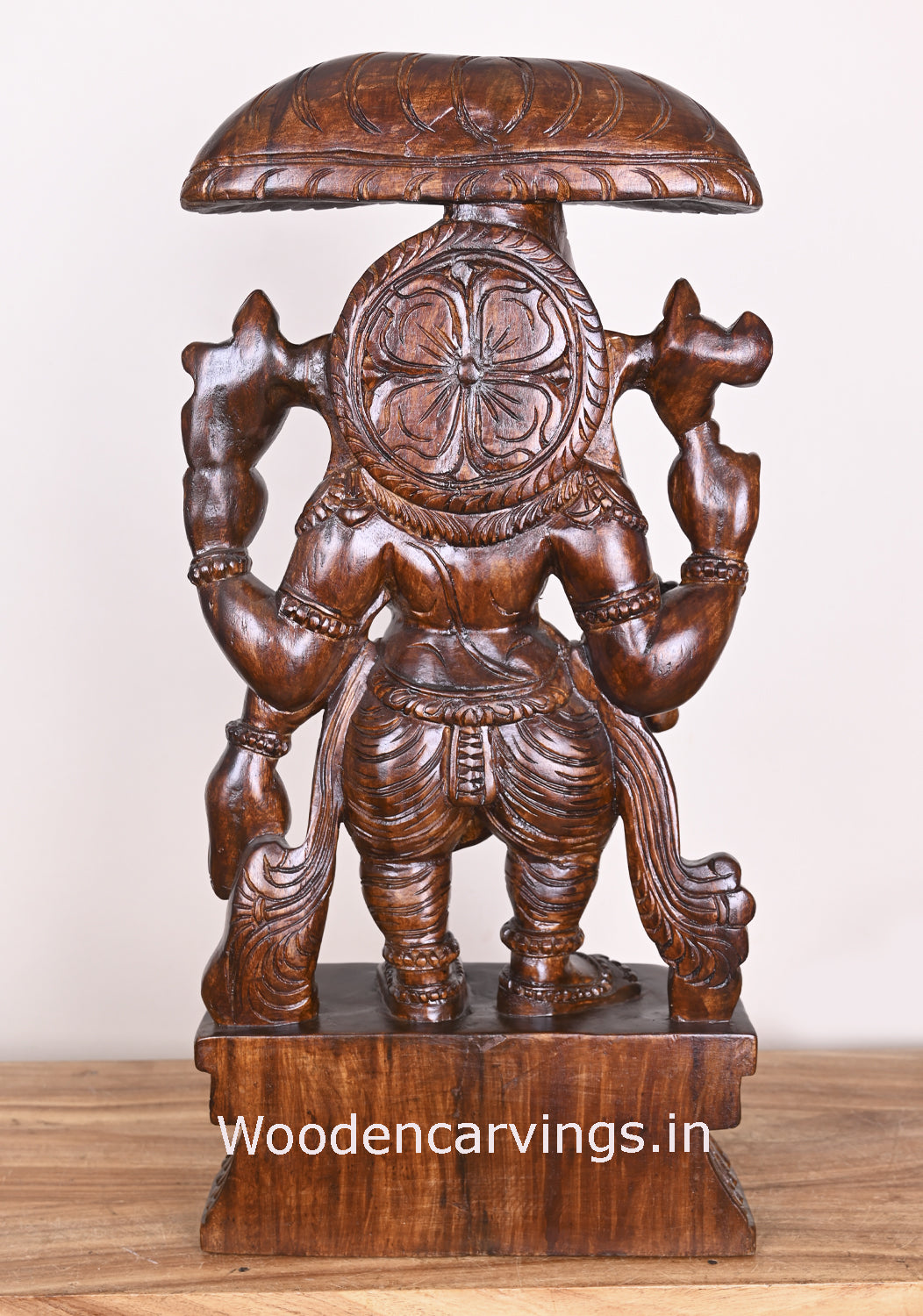 Standing Lord Ganesh Holding Umbrella and Kamandalam Polished Wooden Sculpture 26"