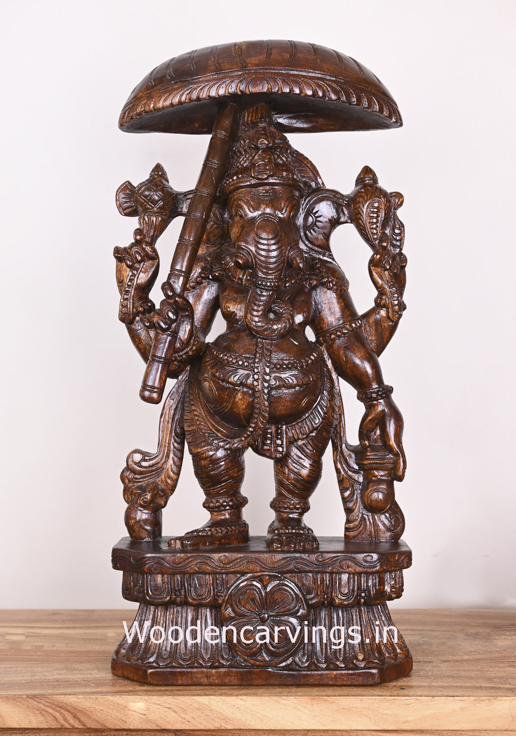 Standing Lord Ganesh Holding Umbrella and Kamandalam Polished Wooden Sculpture 26"