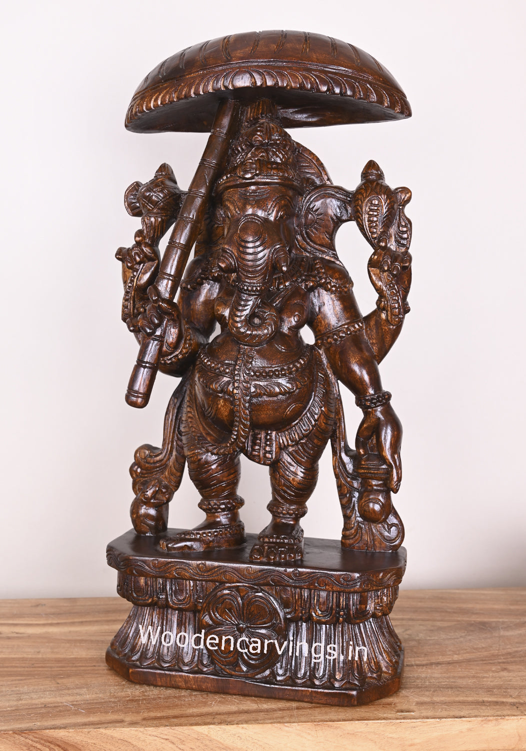 Standing Lord Ganesh Holding Umbrella and Kamandalam Polished Wooden Sculpture 26"