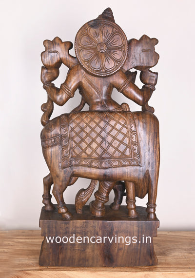 Lord Krishna Playing With Cow and Bansuri Flute Wooden Handmade Showpiece Wax Brown Sculpture 38"