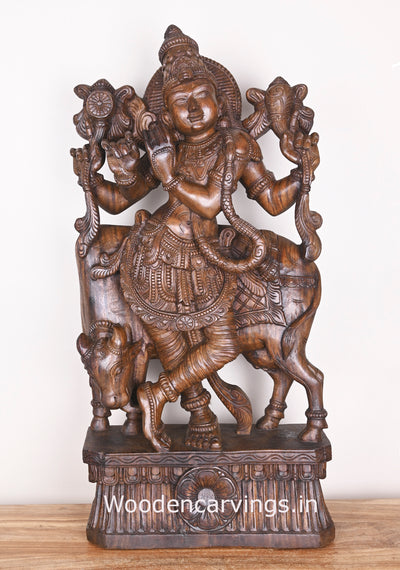 Lord Krishna Playing With Cow and Bansuri Flute Wooden Handmade Showpiece Wax Brown Sculpture 38"
