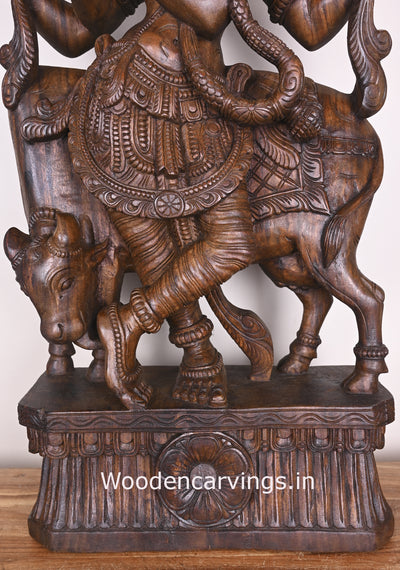 Lord Krishna Playing With Cow and Bansuri Flute Wooden Handmade Showpiece Wax Brown Sculpture 38"