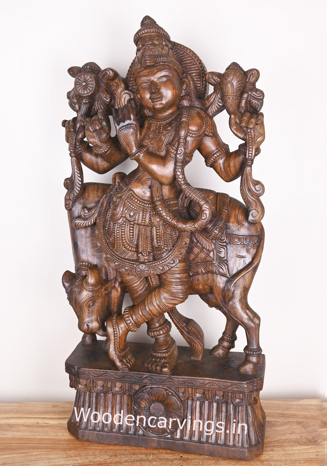 Lord Krishna Playing With Cow and Bansuri Flute Wooden Handmade Showpiece Wax Brown Sculpture 38"