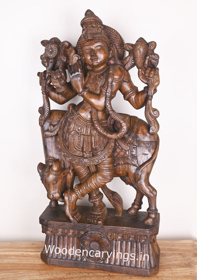 Lord Krishna Playing With Cow and Bansuri Flute Wooden Handmade Showpiece Wax Brown Sculpture 38"