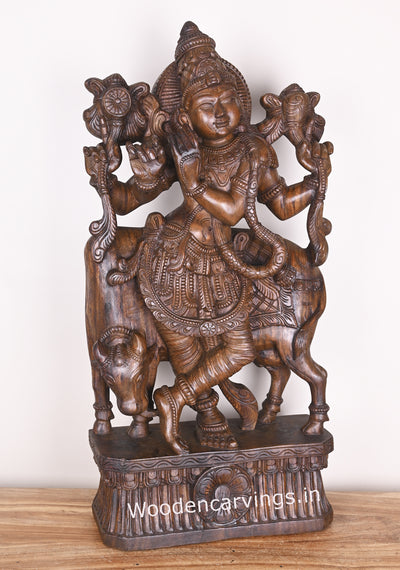 Lord Krishna Playing With Cow and Bansuri Flute Wooden Handmade Showpiece Wax Brown Sculpture 38"
