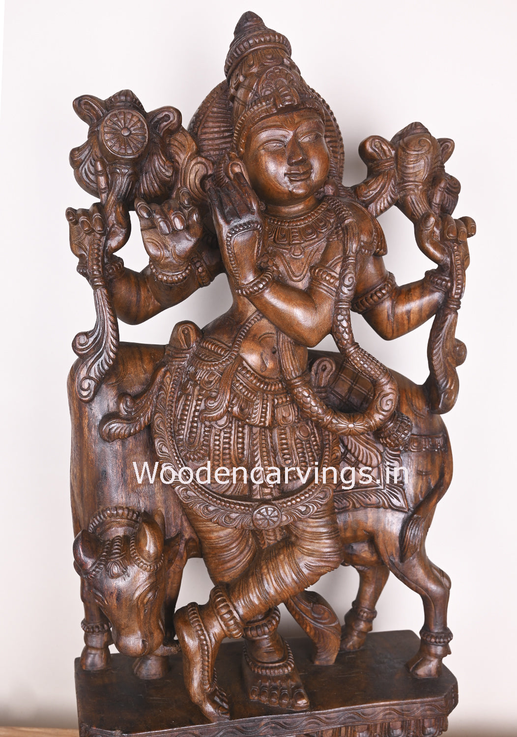 Lord Krishna Playing With Cow and Bansuri Flute Wooden Handmade Showpiece Wax Brown Sculpture 38"