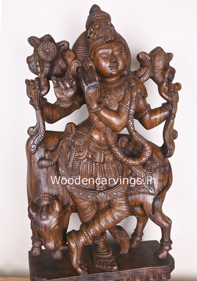 Lord Krishna Playing With Cow and Bansuri Flute Wooden Handmade Showpiece Wax Brown Sculpture 38"
