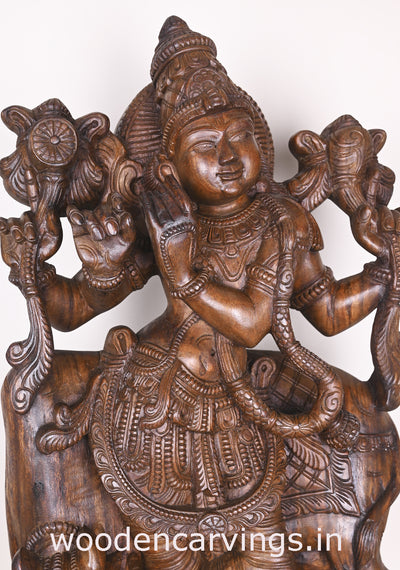 Lord Krishna Playing With Cow and Bansuri Flute Wooden Handmade Showpiece Wax Brown Sculpture 38"