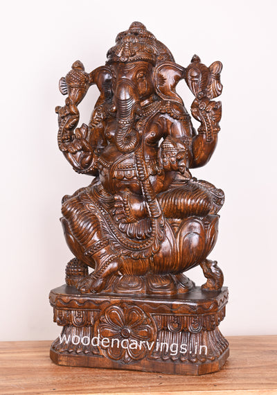 Preety Polished Ganapathi Simply Seated on Auspicious Lotus Wooden Handmade Sculpture 24"