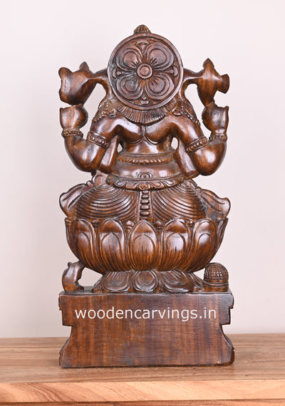 Preety Polished Ganapathi Simply Seated on Auspicious Lotus Wooden Handmade Sculpture 24"