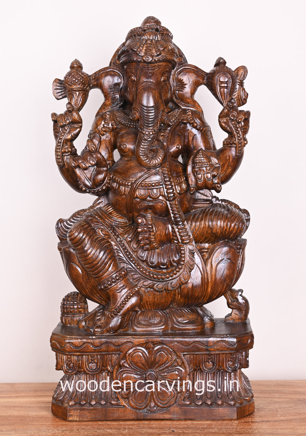 Preety Polished Ganapathi Simply Seated on Auspicious Lotus Wooden Handmade Sculpture 24"