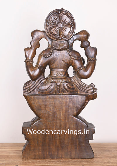 Blessing Prosperity Maha Lakshmi Seated on Flower Lotus Polished Finishing Wooden Sculpture 25"