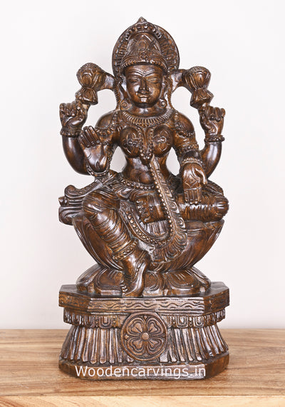 Blessing Prosperity Maha Lakshmi Seated on Flower Lotus Polished Finishing Wooden Sculpture 25"