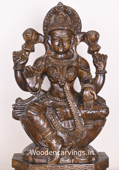 Blessing Prosperity Maha Lakshmi Seated on Flower Lotus Polished Finishing Wooden Sculpture 25"