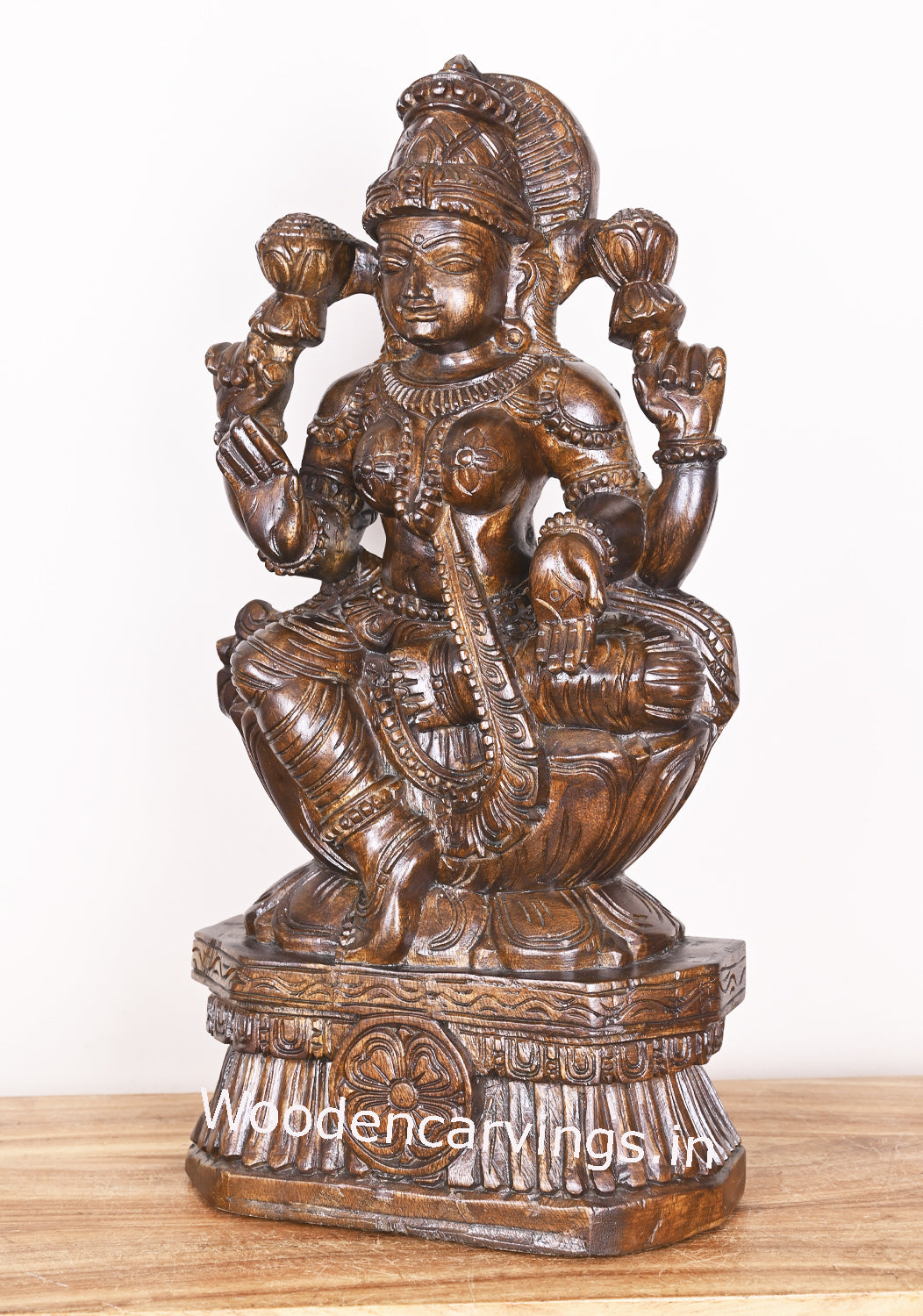 Blessing Prosperity Maha Lakshmi Seated on Flower Lotus Polished Finishing Wooden Sculpture 25"