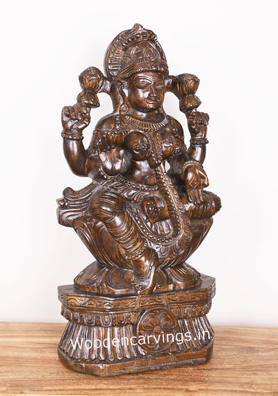 Blessing Prosperity Maha Lakshmi Seated on Flower Lotus Polished Finishing Wooden Sculpture 25"