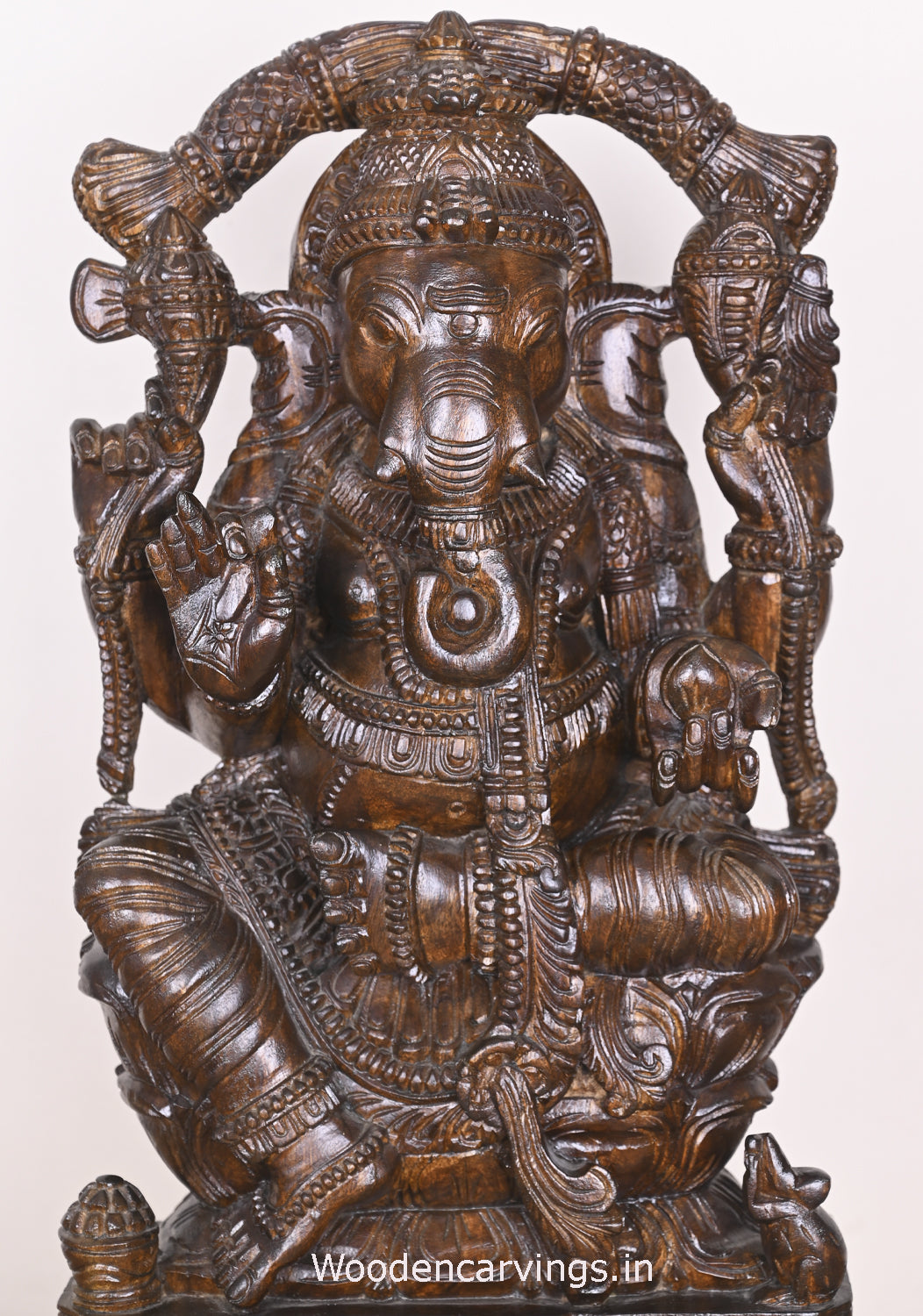 Decorative Lord Ganesha Carved With Beautiful Arch Garland Seated on Flower Lotus Polished Sculpture 25"