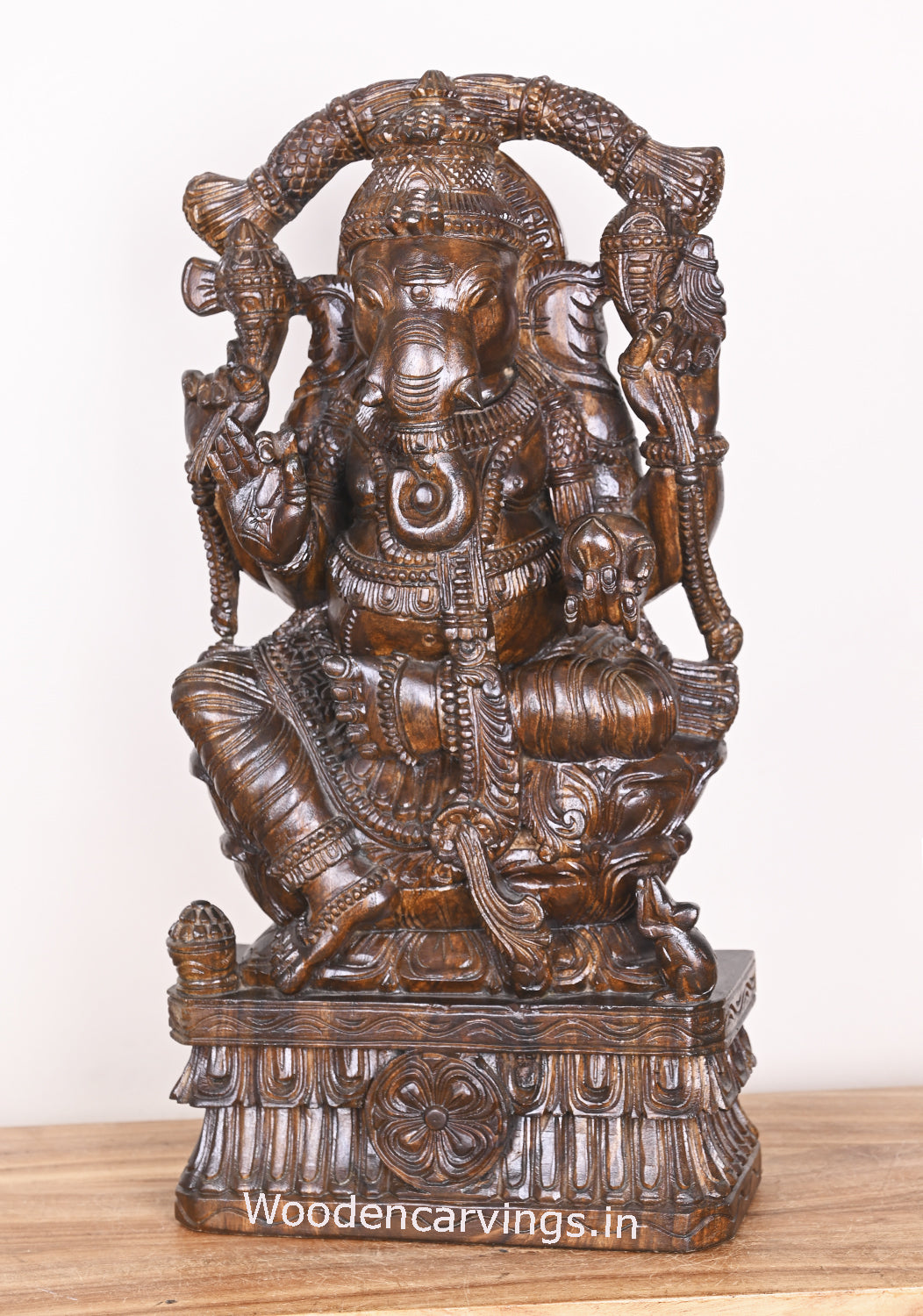 Decorative Lord Ganesha Carved With Beautiful Arch Garland Seated on Flower Lotus Polished Sculpture 25"